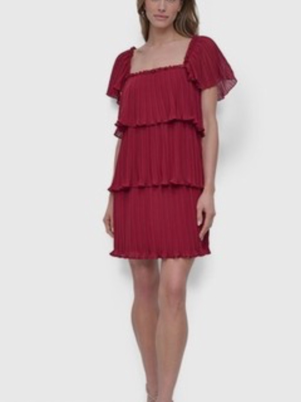 DKNY - Women's Burgundy Tiered Pleated Square-Neck Dress NWT